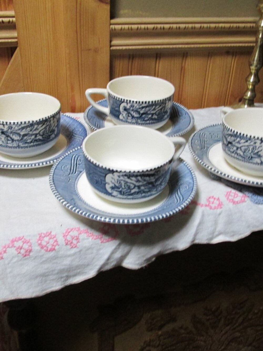 Currier Ives 4 sets cups saucers  Farmhouse cottage core cups saucers
